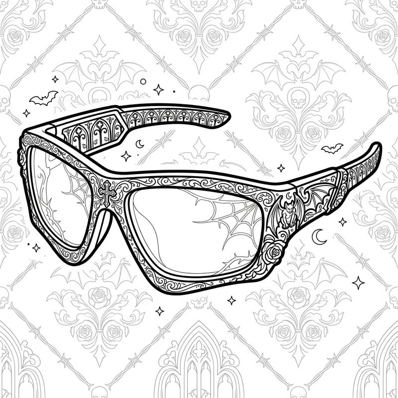 Dive into a unique coloring experience with this intricate Gothic sports eyewear design. Adorned with bats, spiderwebs, and Victorian-inspired motifs, it offers a thrilling blend of athletic gear and dark elegance.