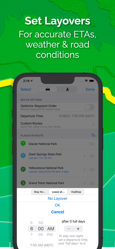 inRoute - Intelligent Routing - Bildschirm der inRoute-App, der Übernachtungseinstellungen für genaue Ankunftszeiten und Wetterbedingungen zeigt.