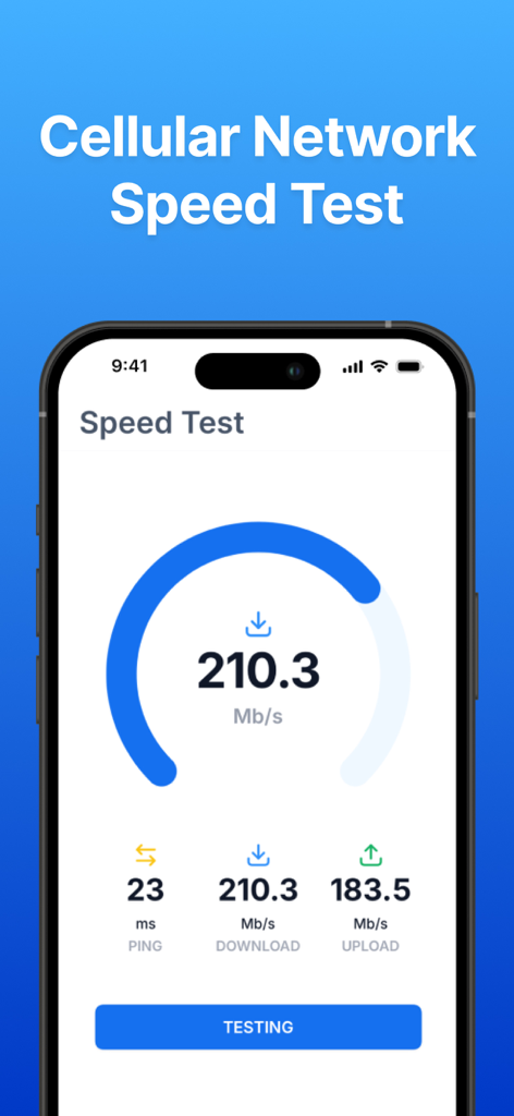 Cellular network speed test screen showing download and upload speed results