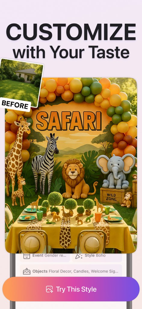 AI Party Design: Event Planner - AI生成のサファリテーマのパーティーデコレーションプレビュー、裏庭の会場向け