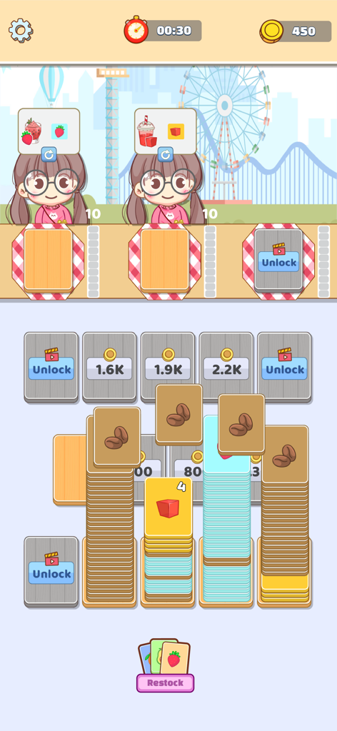 Pocket Tea Sort - Foodie Stop - かわいいスタイルのゲームプレイ画面、顧客がドリンクを注文しており、仕分けられる材料カードのスタックが表示されています