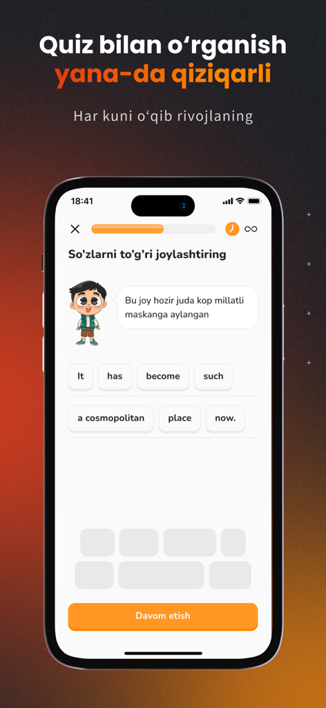 Ibrat Academy mobile app interface showing a translation quiz from Uzbek to English with interactive word blocks.