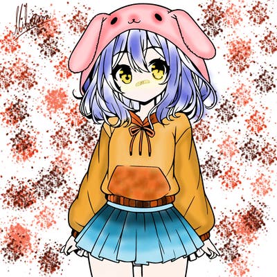 pretty anime girl wearing a fluffy hoodie with bunny ears on the hood and a skirt
