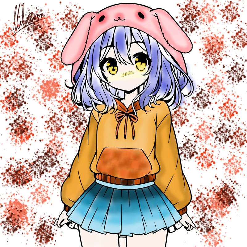 pretty anime girl wearing a fluffy hoodie with bunny ears on the hood and a skirt