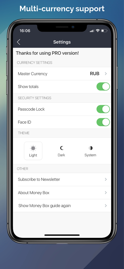 Settings screen of the Money Goals Savings Box app showing currency options security features like Face ID and theme selection
