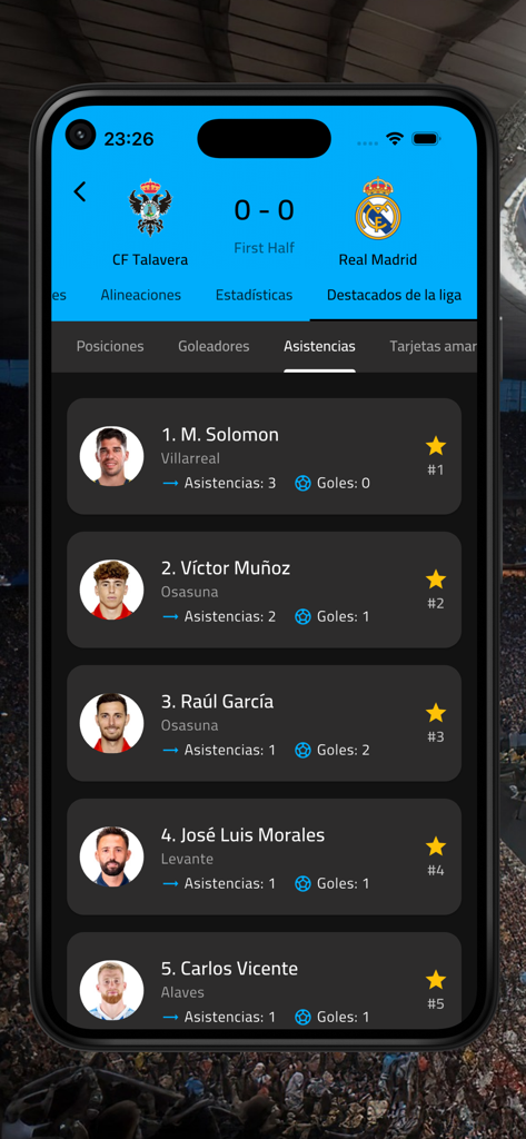 Futbol Argentina - EN VIVO - Interfaz de aplicación de fútbol que muestra estadísticas de asistencias de jugadores y resultados de partidos en vivo.