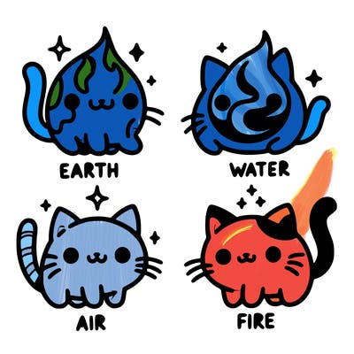 4 cats that represent the different elements, earth, water, air, and fire