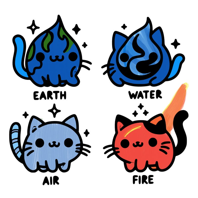 4 cats that represent the different elements, earth, water, air, and fire