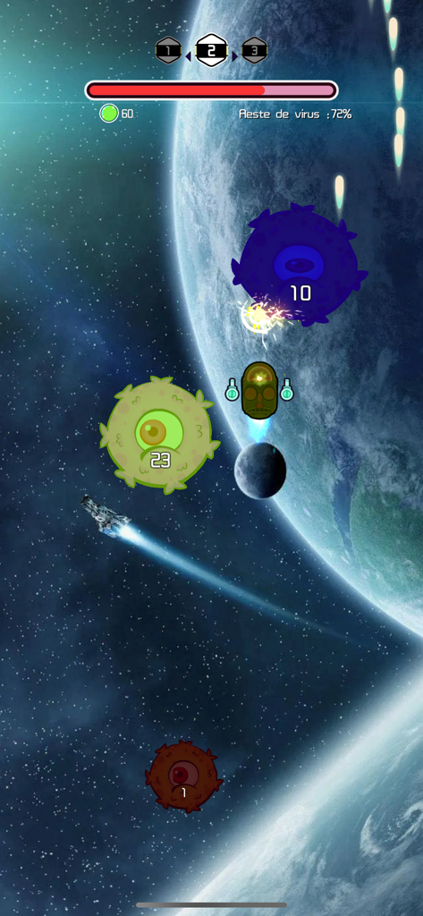 Bump Comha: monstre - Spacecraft shooting laser at colorful virus monsters in outer space