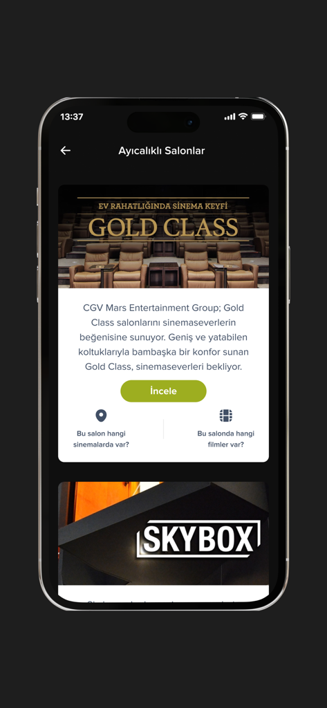 Cineverse - Cineverse app screen showcasing premium Gold Class and Skybox cinema hall options.