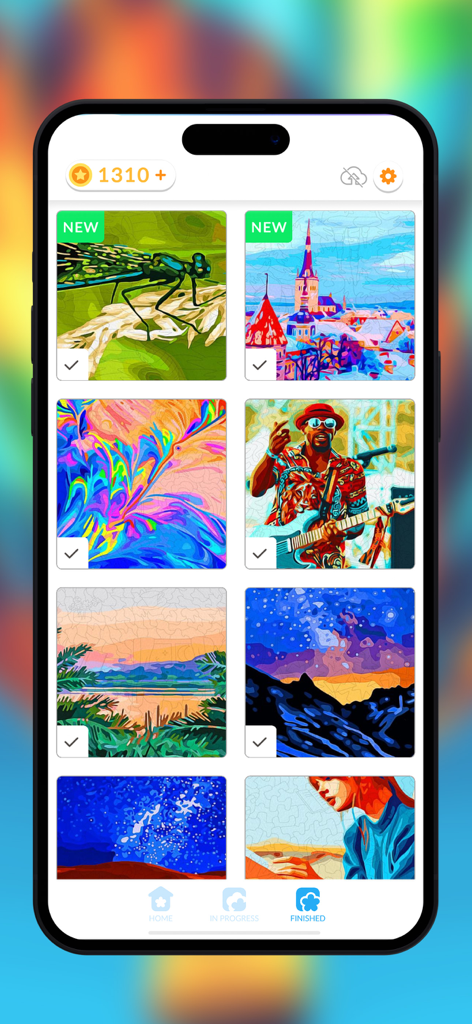 Jigsaw Puzzle by numbers - Mobile app gallery showing a collection of completed colorful jigsaw puzzles including animals and landscapes