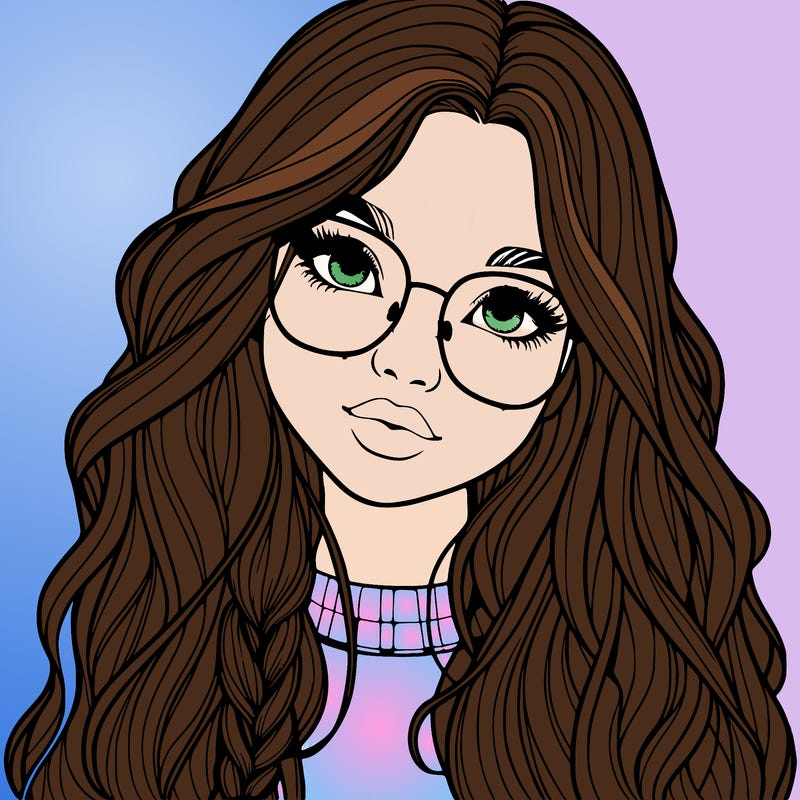 girl with long hair and freckles and glasses realistic
