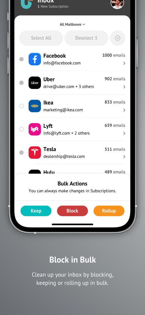 Unroll.Me - Email Cleanup - Unroll Me mobile app showing bulk actions to keep block or rollup email subscriptions