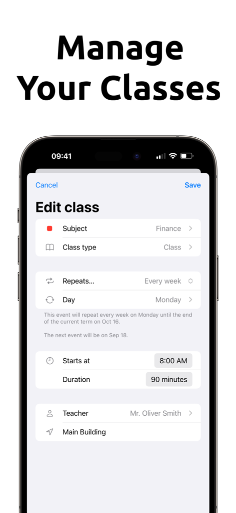 School Planner - Timetable - A screenshot of the School Planner app showing the class management interface on an iPhone