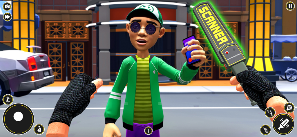 Security Duty Club Watchman - A first person view of a security guard using a handheld metal detector scanner on a club visitor