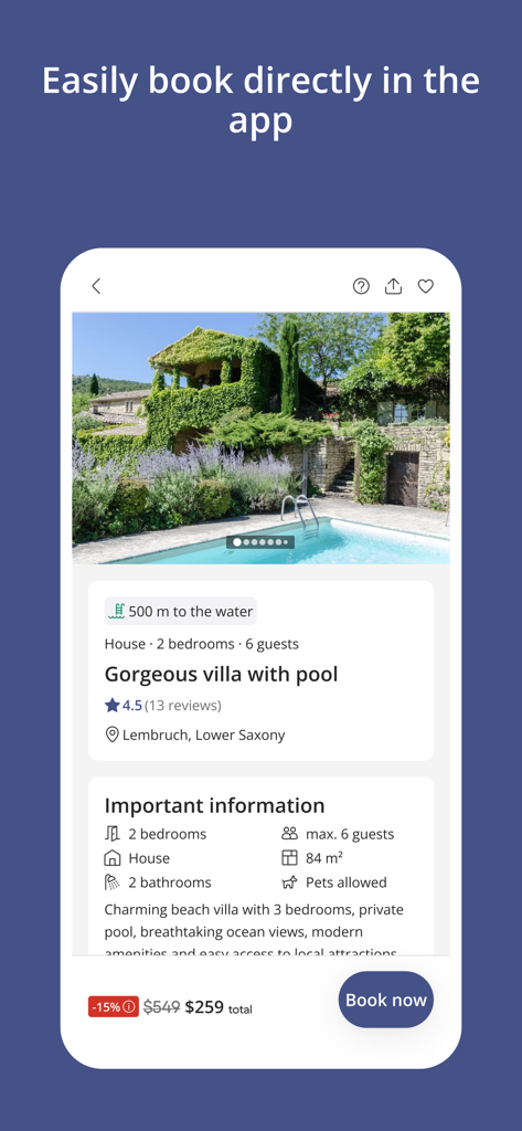 Mobile app screenshot showing a villa listing with a swimming pool and a book now button.
