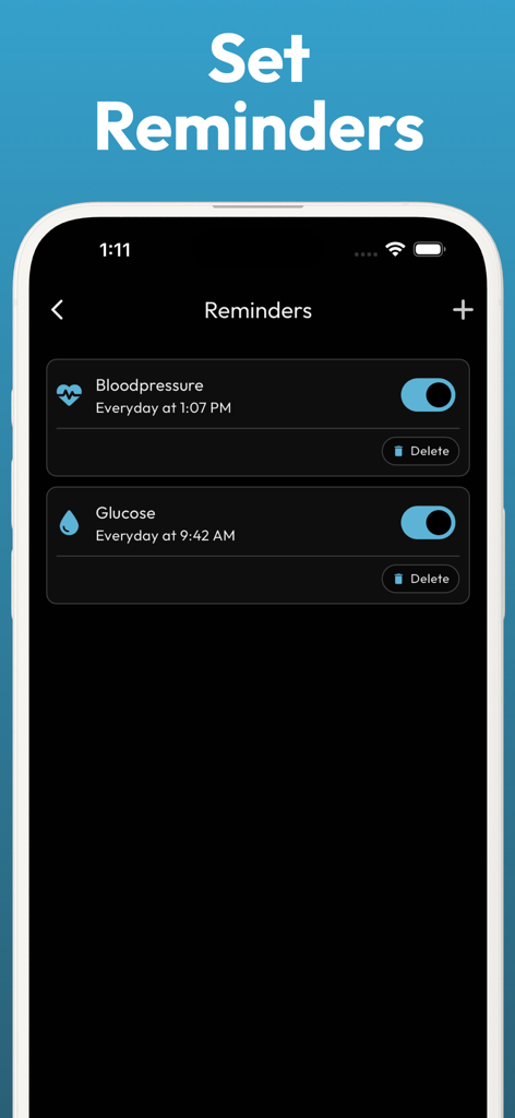 Blood Glucose Sugar Monitor - GlucoLog Mobile App-Bildschirm zum Einstellen von Blutdruck- und Glukose-Erinnerungen
