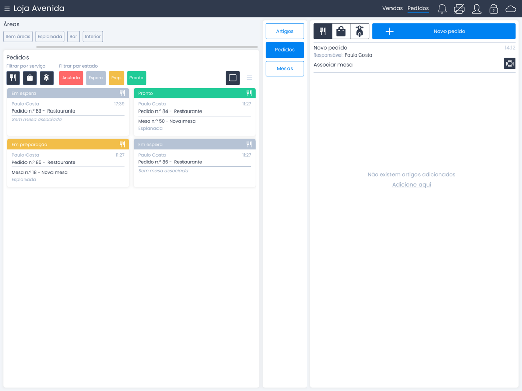 Moloni POS - iPad dashboard of Moloni POS app displaying customer orders categorized by status such as waiting and ready.