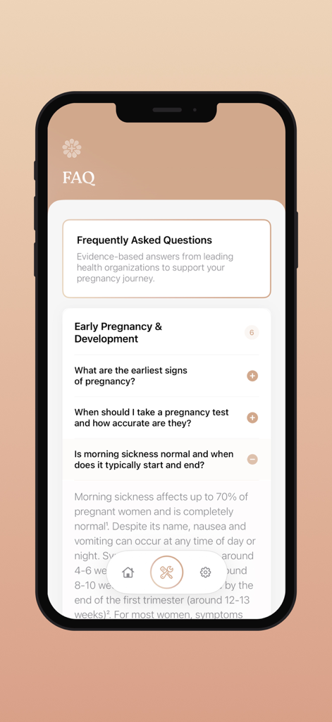 Nine+ Pregnancy Tracking - Pantalla de Preguntas Frecuentes de la aplicación de rastreo de embarazo Nine+ que proporciona respuestas expertas sobre los síntomas del embarazo temprano y las náuseas matutinas