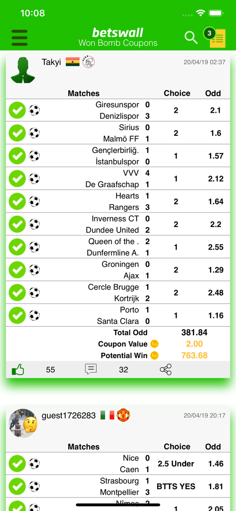 A winning virtual betting coupon on the BetsWall app showing successful soccer predictions and accumulated odds.