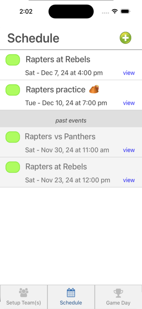 Who's On - Basketball - Schedule screen of the Whos On Basketball app showing a list of upcoming team games and practices