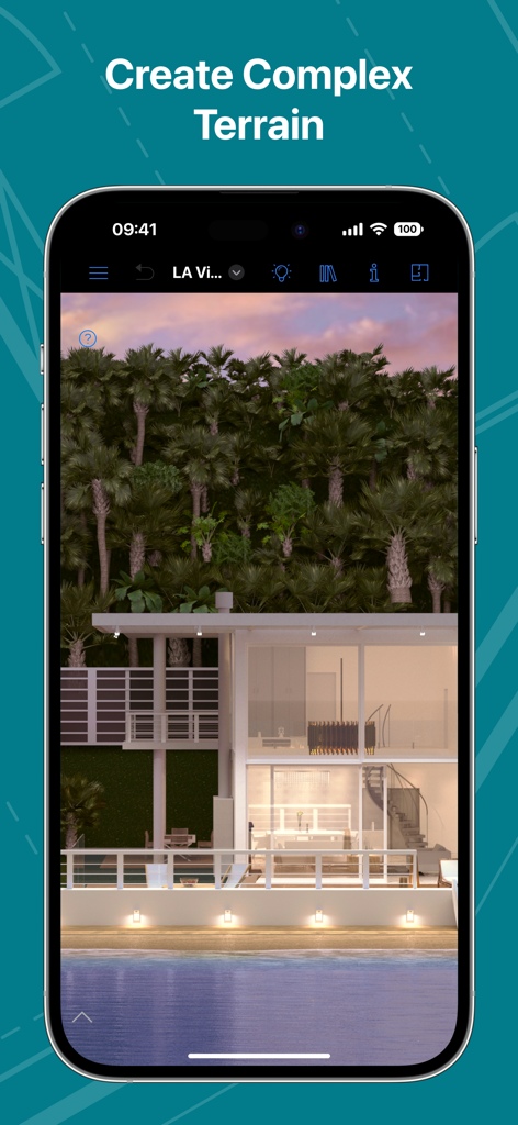 Une visualisation architecturale 3D d'une maison en verre moderne avec des palmiers luxuriants et des pièces d'eau illustrant l'édition de terrains complexes.