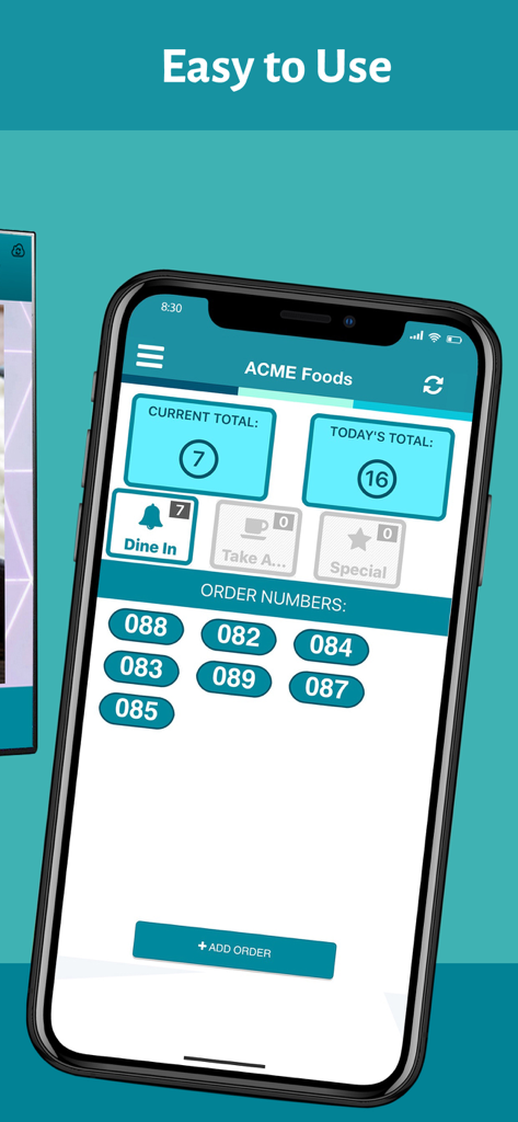 Tableau de bord de l'application mobile OrderReady affichant les numéros de commande actifs et les totaux quotidiens pour un restaurant