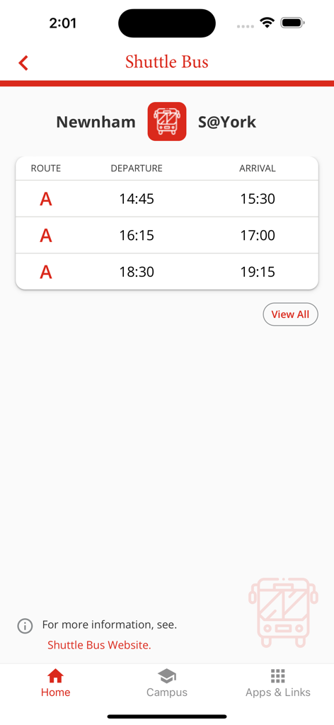 Seneca Mobile - Seneca Mobile app screen showing shuttle bus route A departure and arrival times between Newnham and York campuses
