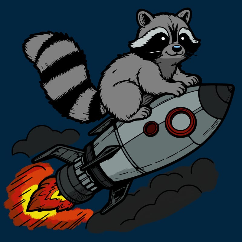 realistic raccoon flying on top rocket ship