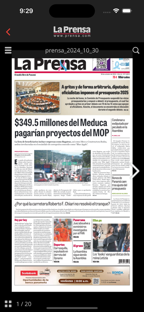 Front page of La Prensa Panama digital ePaper edition displayed on an iPhone