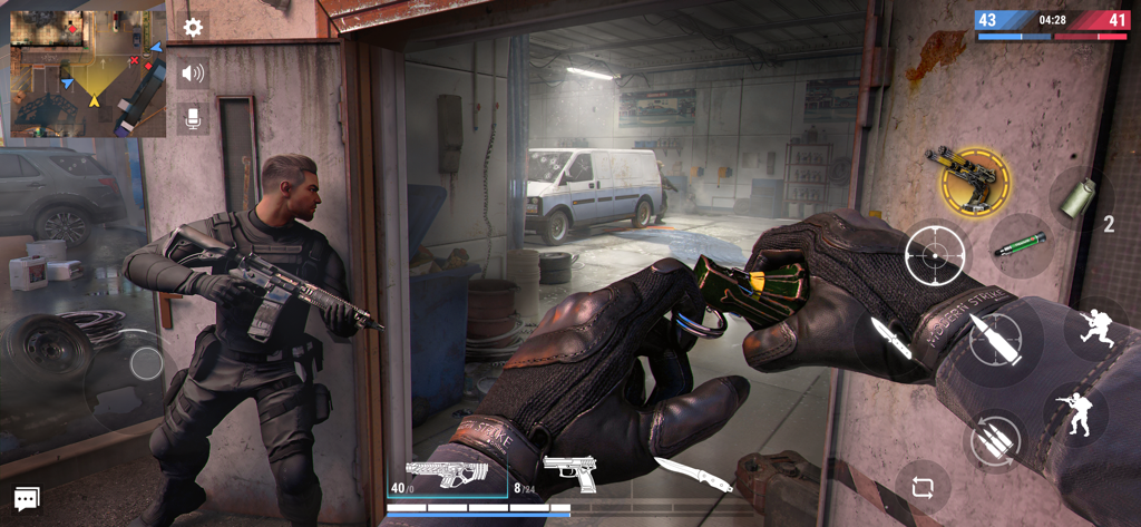 First person view of a tactical soldier holding a grenade in Modern Strike Online.