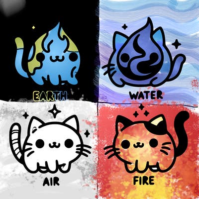 4 cats that represent the different elements, earth, water, air, and fire