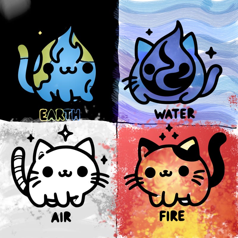 4 cats that represent the different elements, earth, water, air, and fire