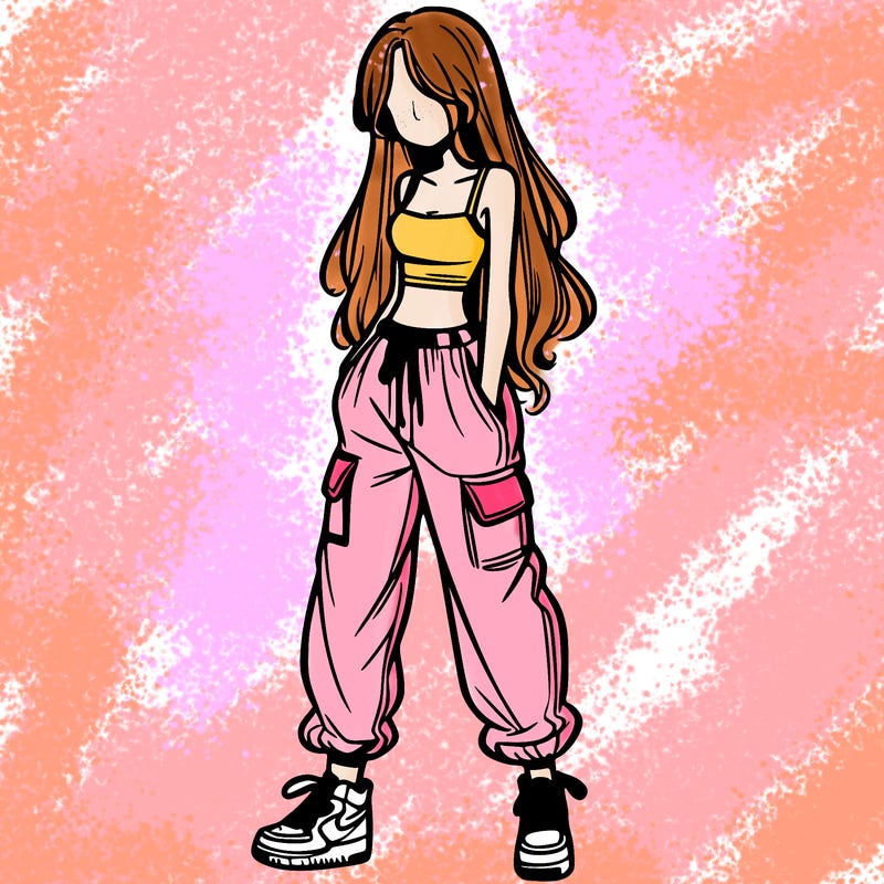 girl in baggy pants crop top and long hair