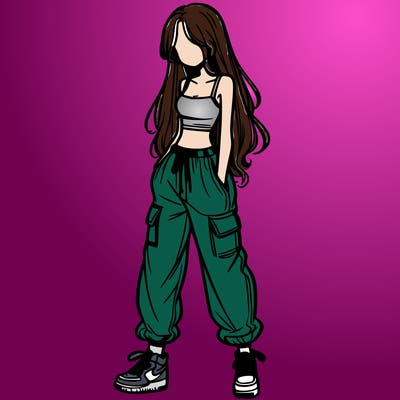 girl in baggy pants crop top and long hair