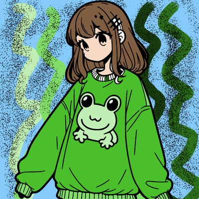 girl wearing frogging sweatshirt