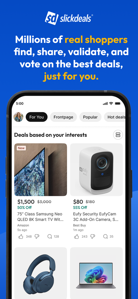 Slickdeals: Deals & Discounts - Pantalla de la aplicación Slickdeals que muestra descuentos personalizados en electrónica y electrodomésticos