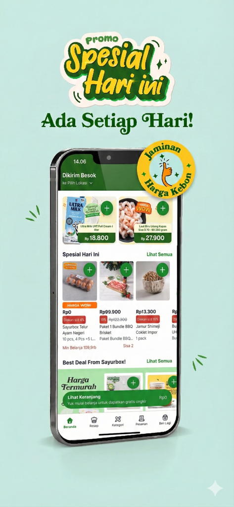 Sayurbox - Grocery Jadi Mudah - Sayurbox mobile app displaying daily special grocery promotions and fresh farm products.