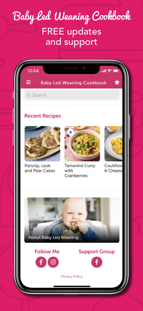 Baby Led Weaning Recipes - Pantalla de inicio de la aplicación Recetas de Baby Led Weaning que muestra recetas saludables recientes para bebés y enlaces de apoyo de la comunidad.