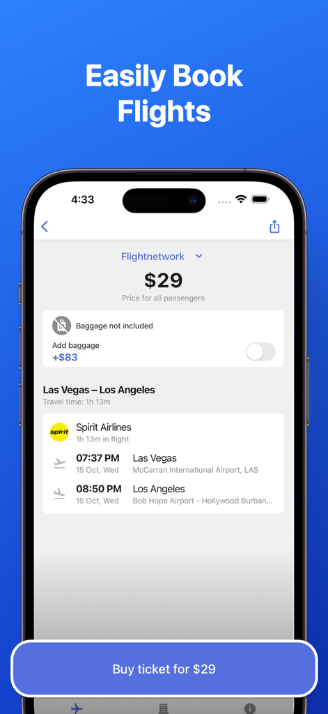 Interfaz de una aplicación móvil que muestra una reserva de vuelo de Las Vegas a Los Ángeles por 29 dólares en Spirit Airlines.