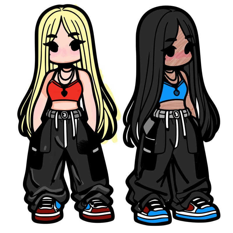 girl in baggy pants crop top and long hair