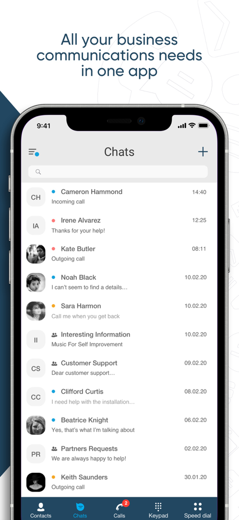 Uptime VoIP - Uptime VoIP-App zeigt die Chat-Oberfläche mit einer Liste aktueller Geschäftsgespräche.