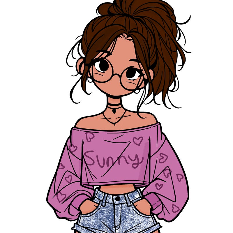 girl with a messy ponytail glasses a baggy crop top and jean shorts