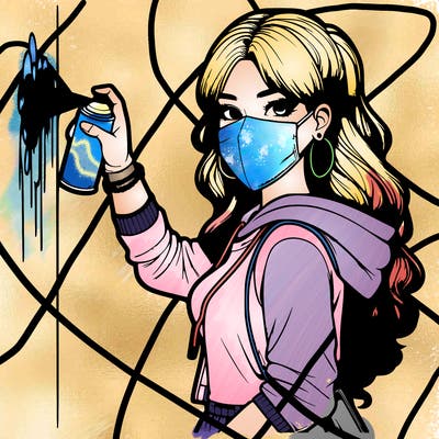 realistic girl with mask spray painting a wall