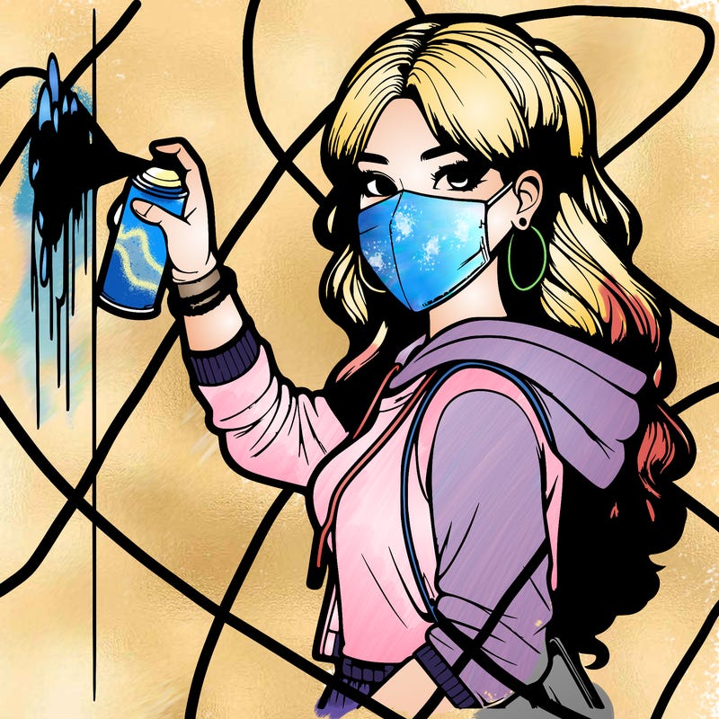 realistic girl with mask spray painting a wall