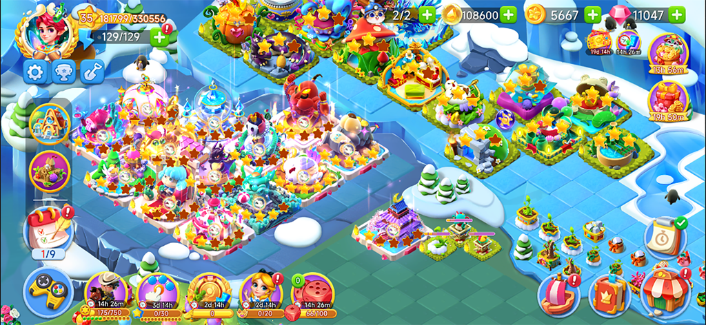 Merge Fairy Tales - Merge Game - A colorful gameplay screen of Merge Fairy Tales showing characters and items on a snowy island