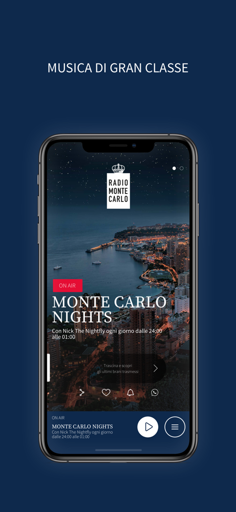 Radio Monte Carlo – RMC - Radio Monte Carlo app interface showing Monte Carlo Nights program and a scenic night view of the city