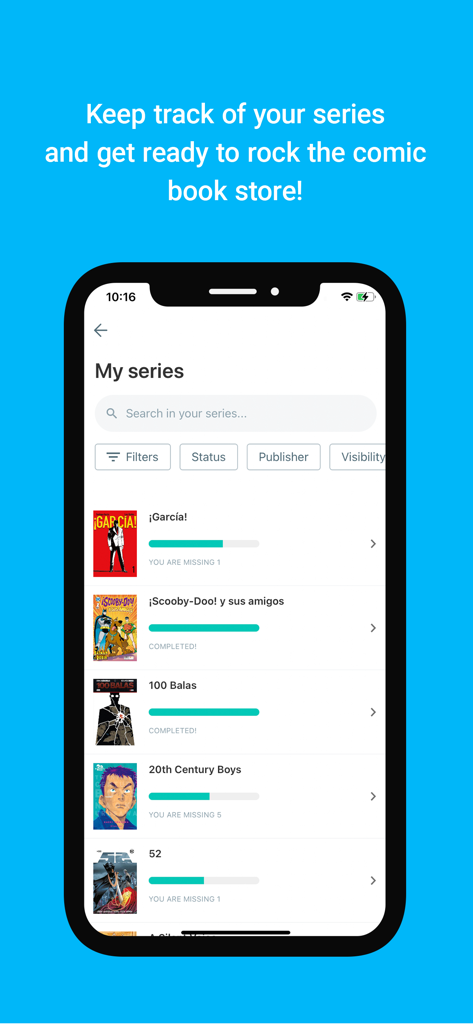Whakoom: Organize Your Comics! - Mobile app screen showing a list of comic book series with progress bars and completion status for a collector