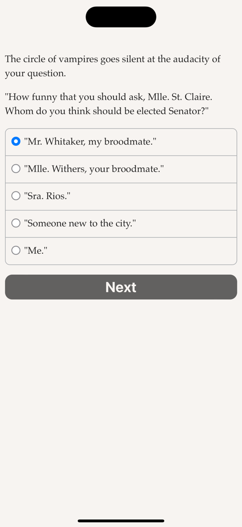 Text-based dialogue screen in Choice of the Vampire with multiple choice options for player decisions