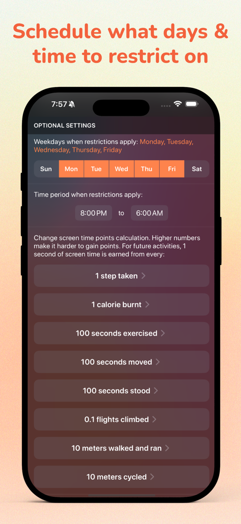 Run For Fun: Screen Time Focus - Pantalla de configuración de la aplicación Run For Fun para programar restricciones y calcular puntos de tiempo de pantalla según la actividad física.